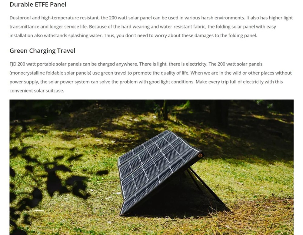 FJDynamics 200W Foldable Portable Solar Panel, 21.5% Energy Conversion Rate, Dustproof, Waterproof, High-Temperature Resistant 16 FJDynamics 200W Foldable Portable Solar Panel, 21.5% Energy Conversion Rate, Dustproof, High-Temperature Resistant