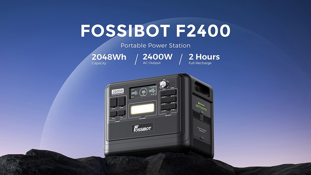 FOSSiBOT F2400 Portable Power Station, 2048Wh LiFePO4 Battery 2400W Output Solar Generator, 16 Output Ports, Input Power Adjustment Knob, Bidirectional Inverter - Black