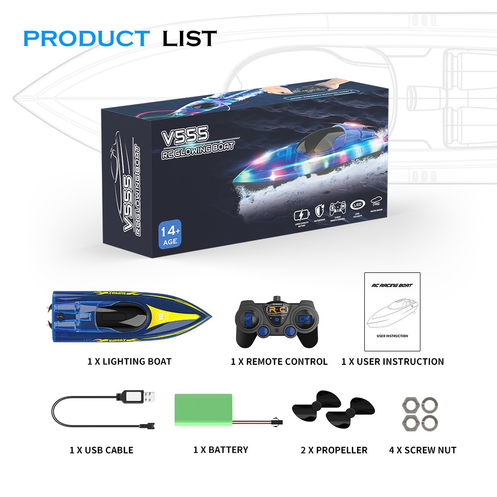 Flytec V555 2.4GHz Racing RC Boats 15KM/H With Transparent Cover And Bright LED Light Effect - Blue Two Batteries