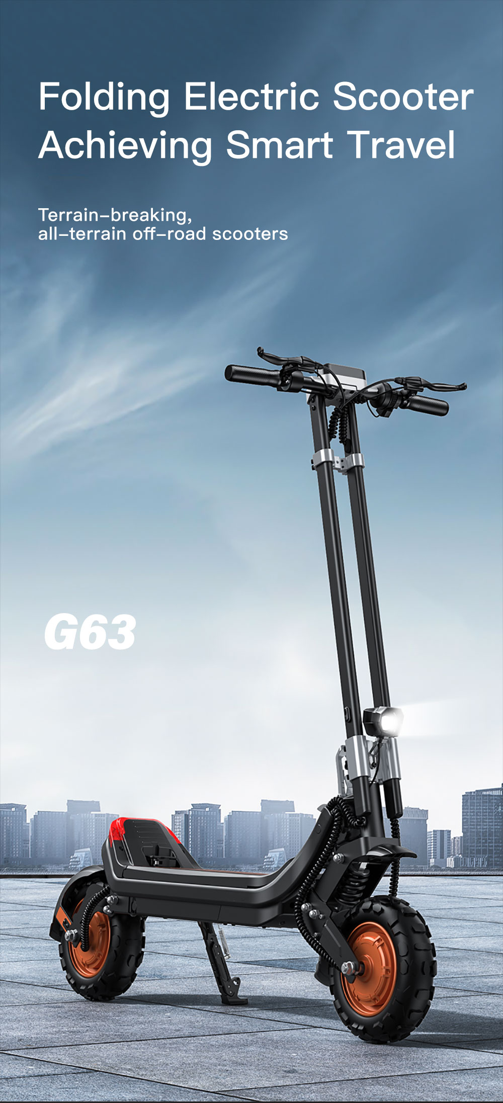 G63 Electric Scooter 1200W*2 Dual Motors 48V 20Ah Battery 55km/h Max Speed 50km Range 11' Pneumatic Off-road Tire Black
