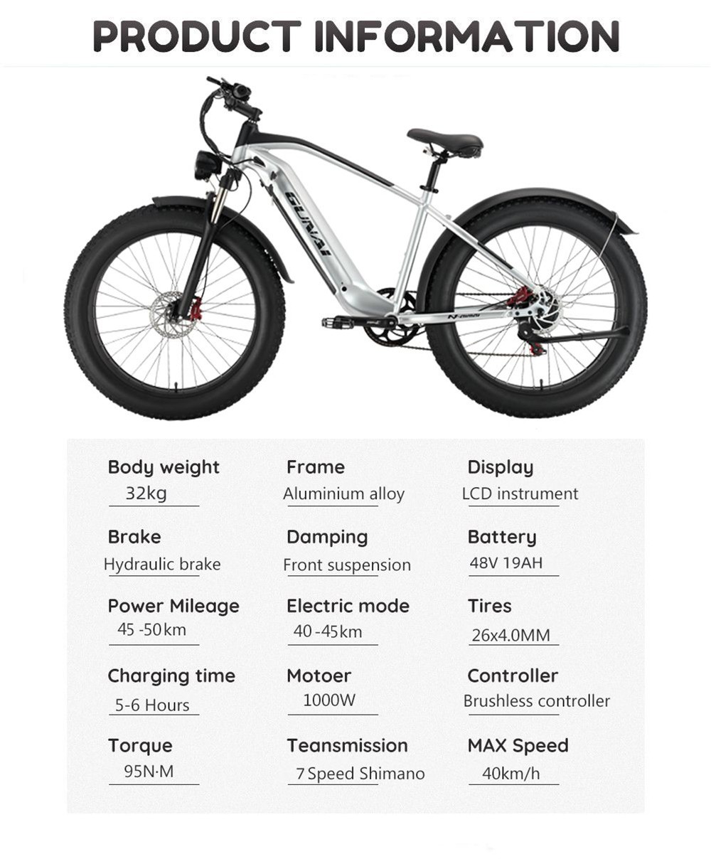 GUNAI MX05 26*4.0 inch Fat Tire Electric Moped Bike Mountain Bicycle 1000W Motor 19Ah Battery Shimano Gear 150kg Load