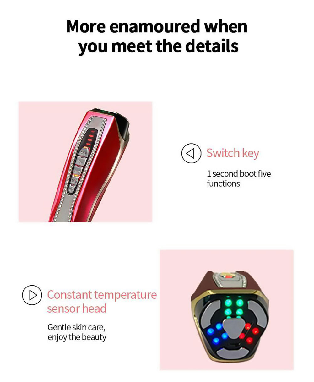 HS-989 RF Instrument Color Light Pulse Beauty Instrument, 80KHz Frequency, 5 LED Color Light Modes, 600mAh Battery - Red