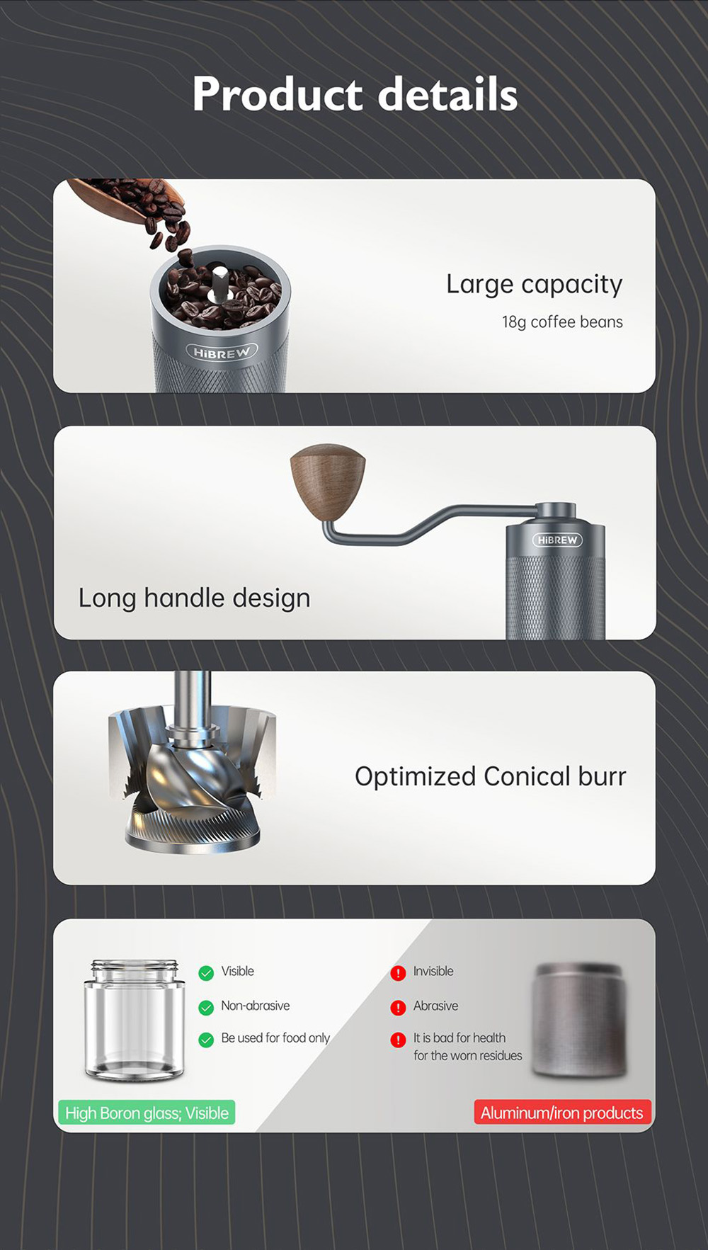 HiBREW G4 Manuálny mlynček na kávu, prenosný hliníkový ručný mlynček s viditeľnou sklenenou nádobou, kapacita 18 g kávových zŕn