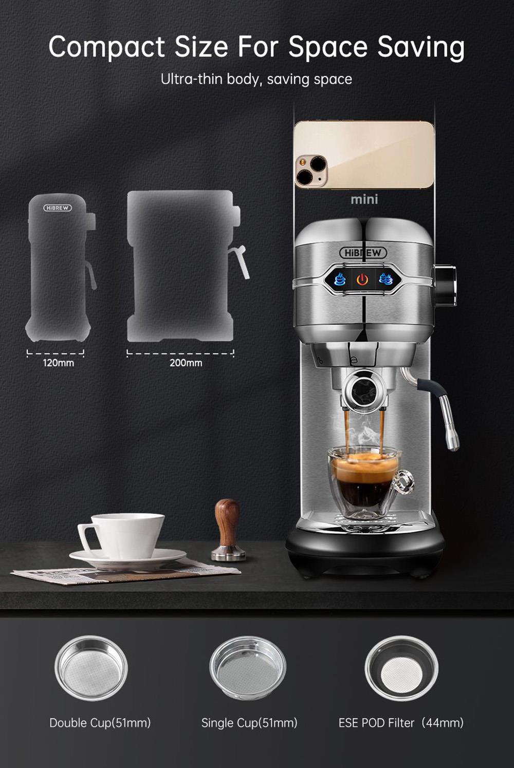 HiBREW H11 1450W kávovar, 19 barový poloautomatický kávovar, 1.1L nádrž na vodu, ESE POD Powder Dual Use, horúca voda