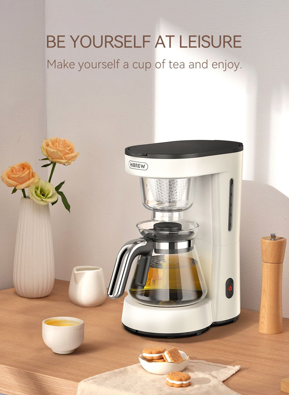 HiBREW H12 3-in-1 America Drip Coffee Machine, 700W Pour Over Tea Coffee Maker, 750ML Water Tank, Glass Teapot - White