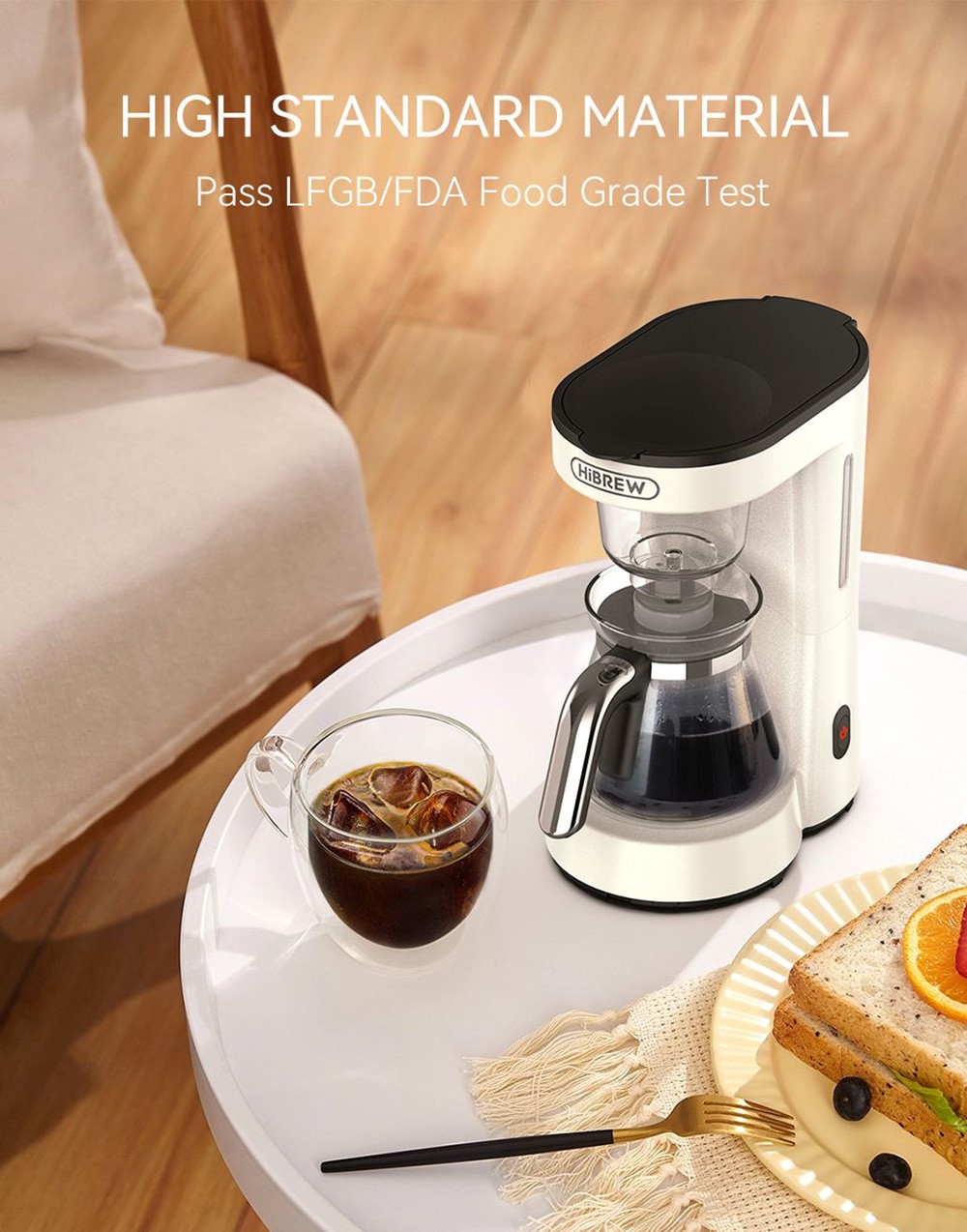 HiBREW H12 3-in-1 America Drip Coffee Machine, 700W Pour Over Tea Coffee Maker, 750ML Water Tank, Glass Teapot - White