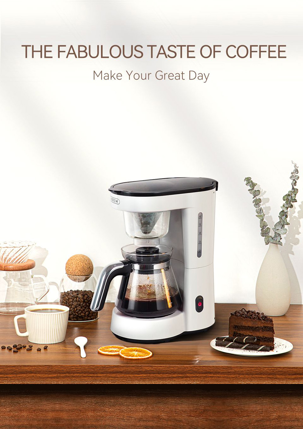 HiBREW H12 3-in-1 America Drip Coffee Machine, 700W Pour Over Tea Coffee Maker, 750ML Water Tank, Glass Teapot - White