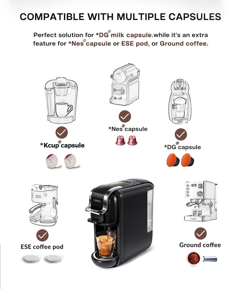 HiBREW H2B 5-in-1 Coffee Maker with Water Level Line, 1450W 19Bar Hot/Cold Capsule Coffee Machine, 600ml Water Tank - Black