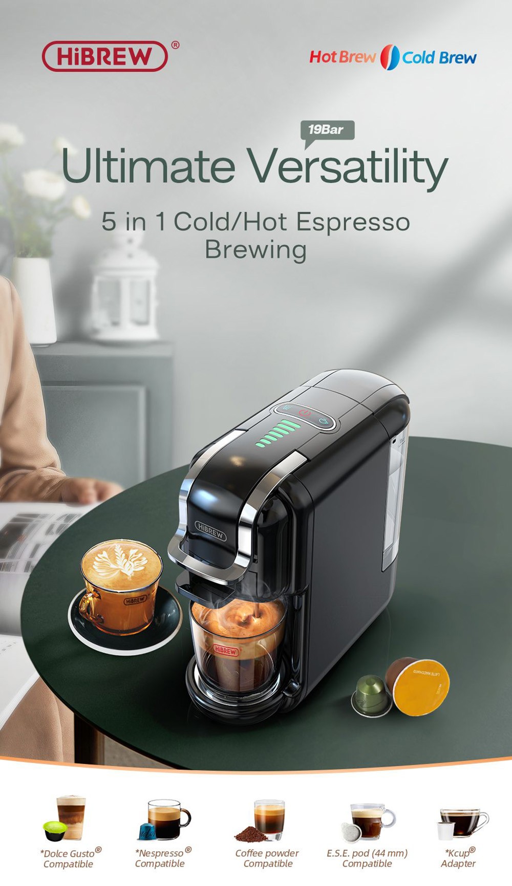 HiBREW H2B Kávovar 5 v 1 s vodováhou, 1450W 19Bar kávovar na horúce/studené kapsule, 600ml nádržka na vodu - biely