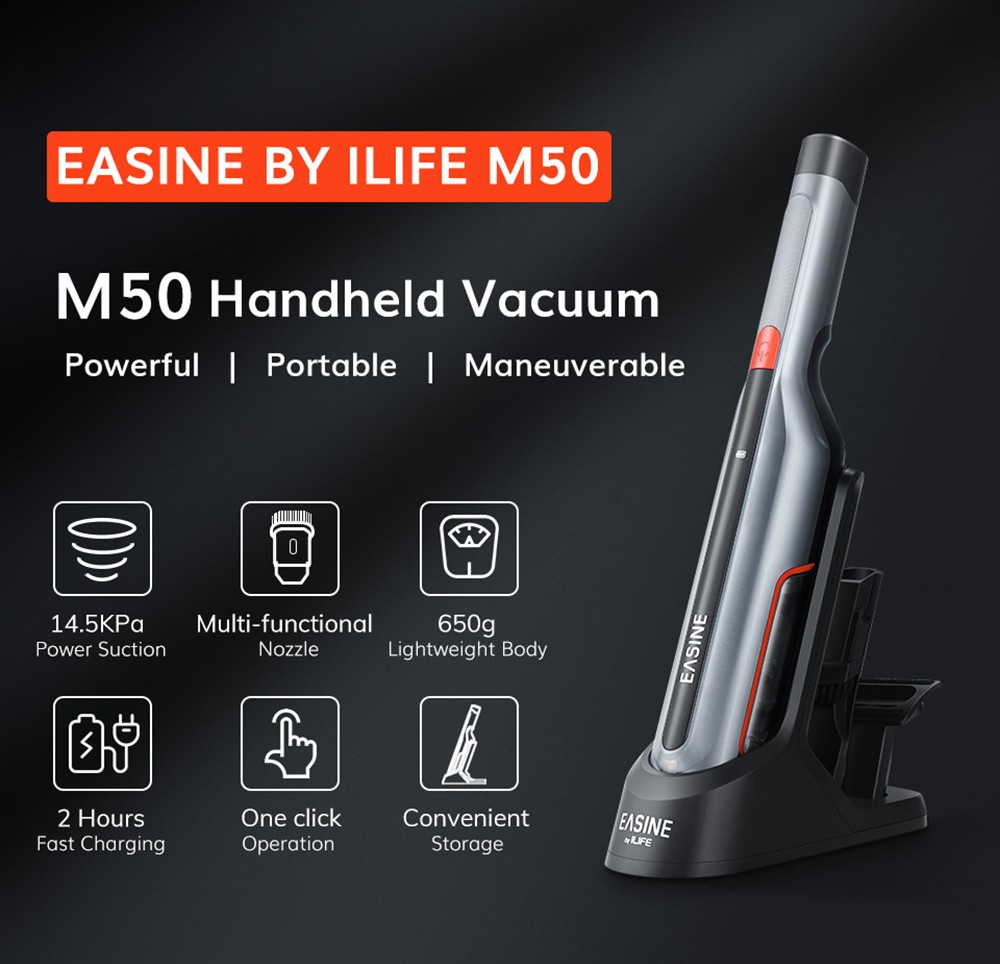 ILIFE M50 Handheld Car Vacuum Cleaner, 15000Pa Suction, 150ml Dust Cup, 2500mAh Battery, 32min Runtime, LED Lights