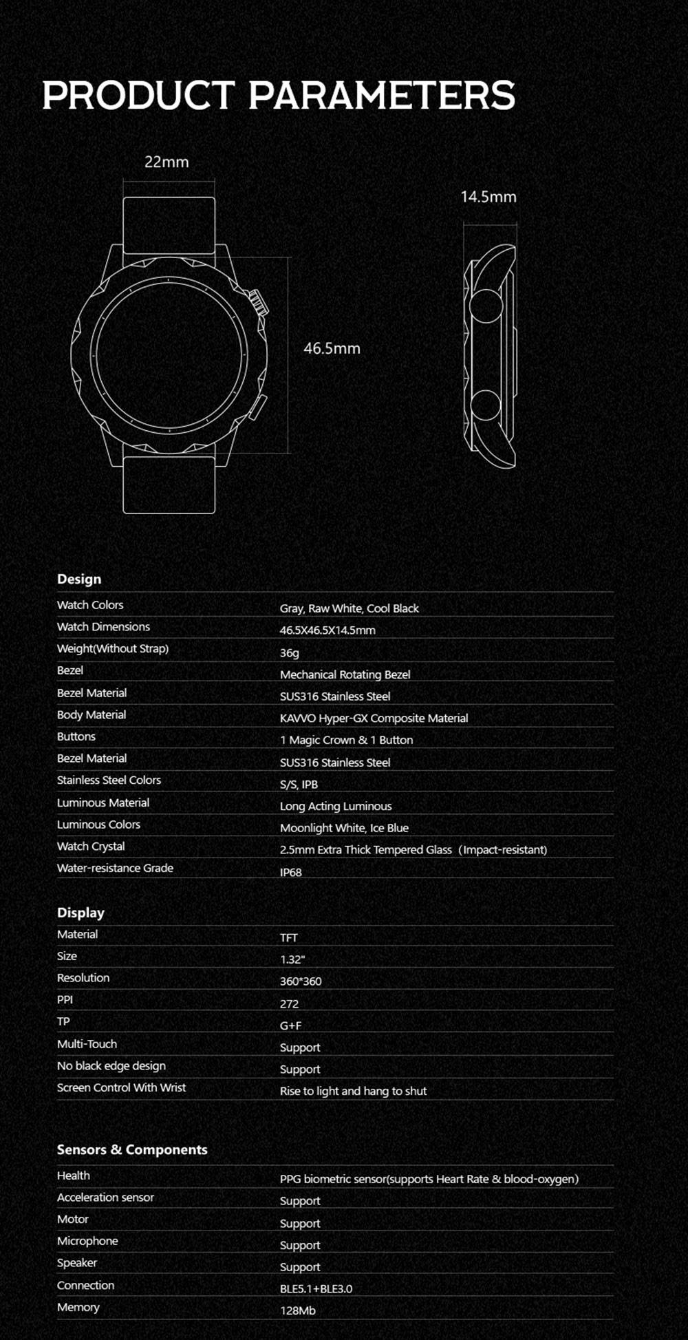 KAVVO Oyster Urban O1EL Smartwatch, Bluetooth Calling Watch, 1.32'' TFT Screen, 24h Heart Rate, Blood Oxygen - Black