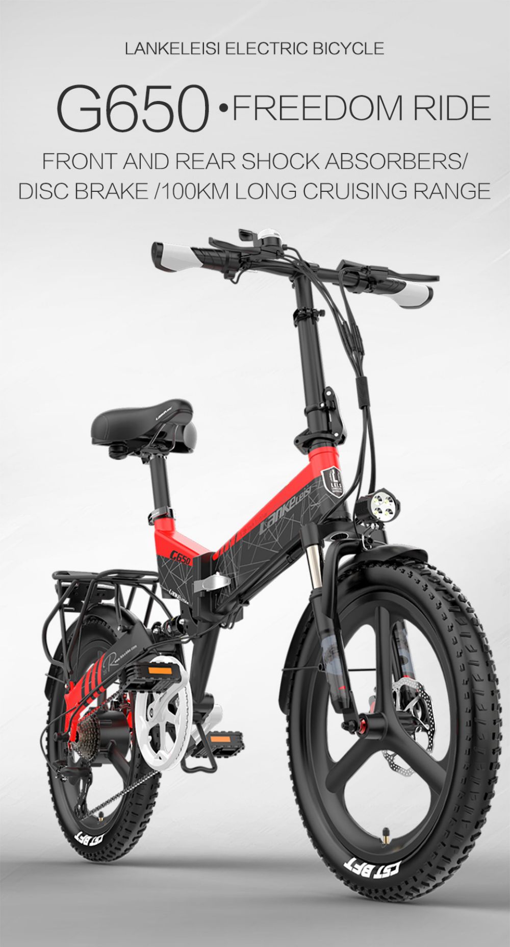 LANKELEISI G650 Electric Folding Bike 400W Motor 14.5Ah Battery 20 inch Tire for Commuting - Red