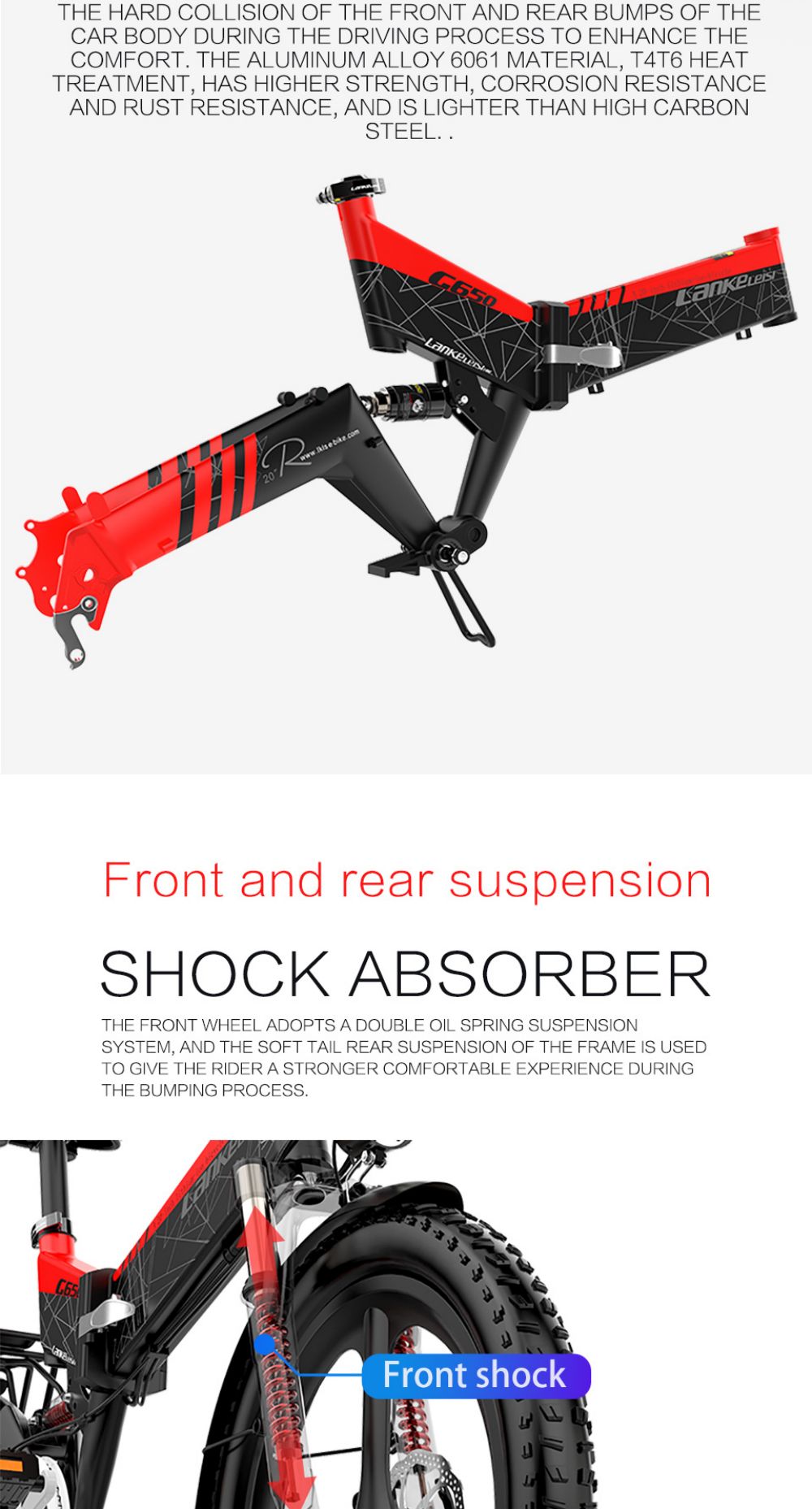 LANKELEISI G650 Electric Folding Bike 400W Motor 14.5Ah Battery 20 inch Tire for Commuting - Red