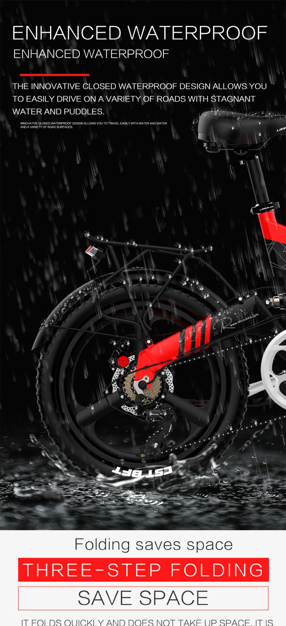 LANKELEISI G650 Electric Folding Bike 400W Motor 14.5Ah Battery 20 inch Tire for Commuting - Red