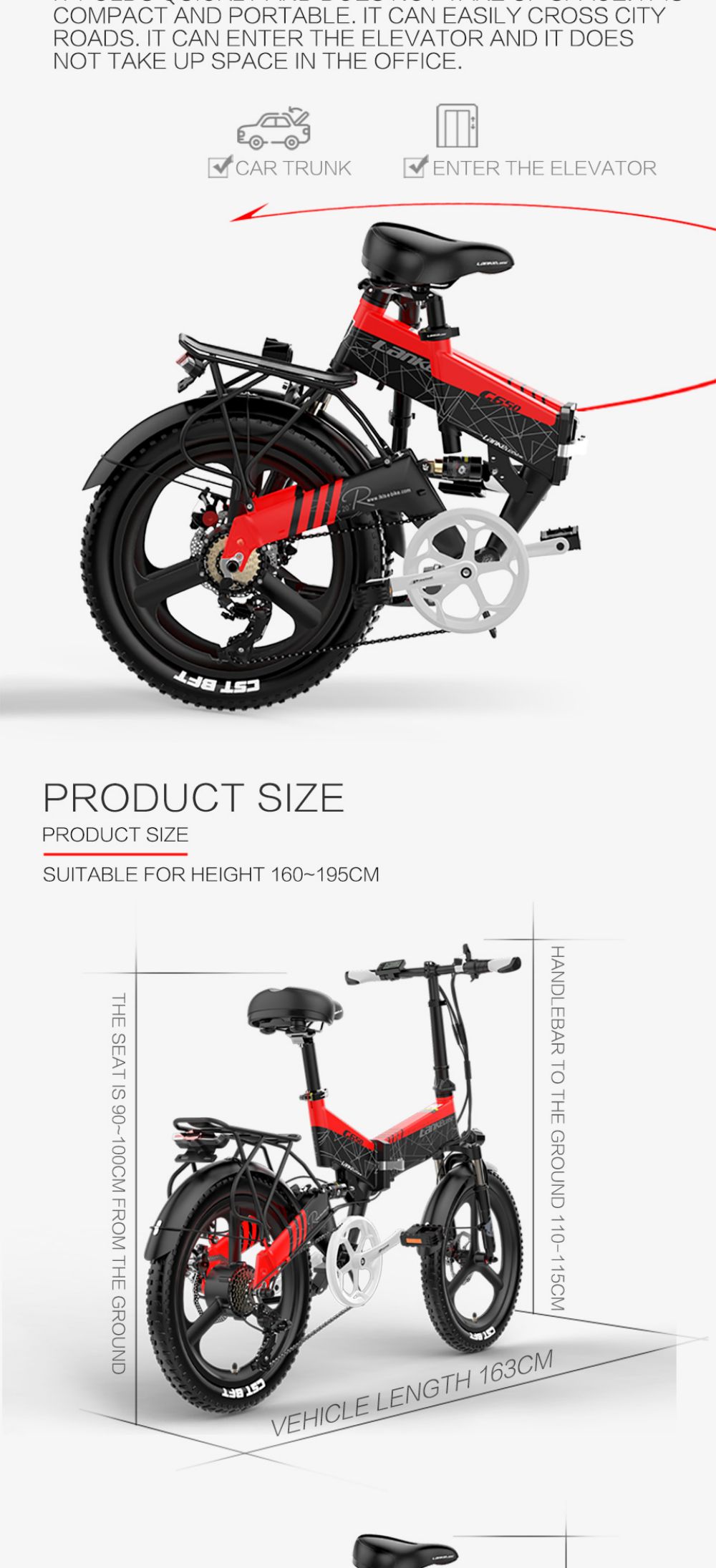 LANKELEISI G650 Electric Folding Bike 400W Motor 14.5Ah Battery 20 inch Tire for Commuting - Red