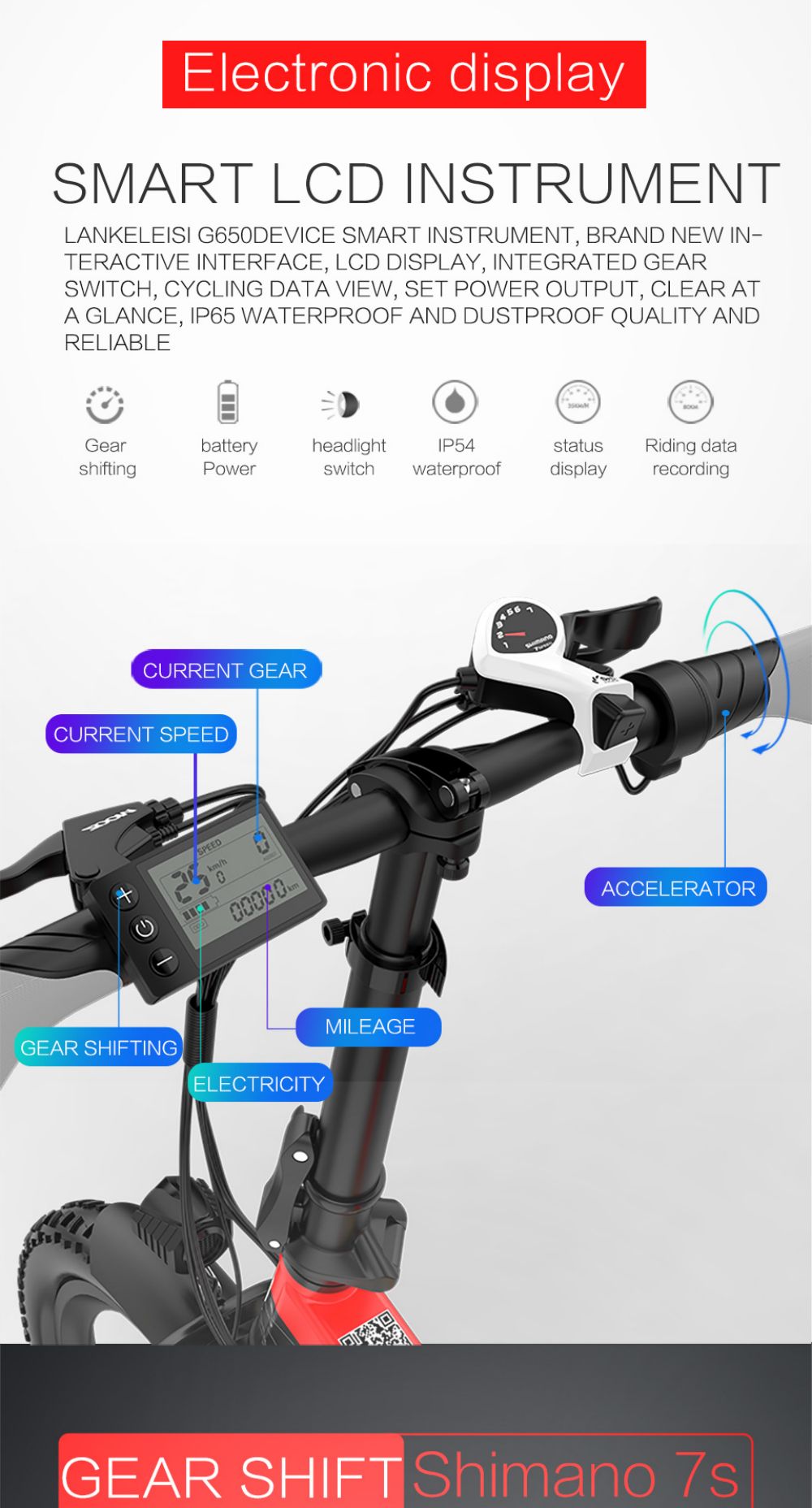 LANKELEISI G650 Electric Folding Bike 400W Motor 14.5Ah Battery 20 inch Tire for Commuting - Red