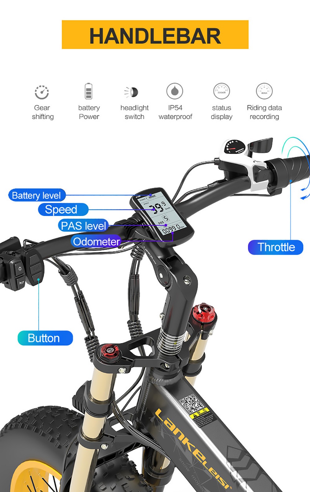 LANKELEISI X3000 Plus Folding Electric Mountain Bike Big Fork 48V 1000W Motor 17.5Ah Battery - Black & Grey