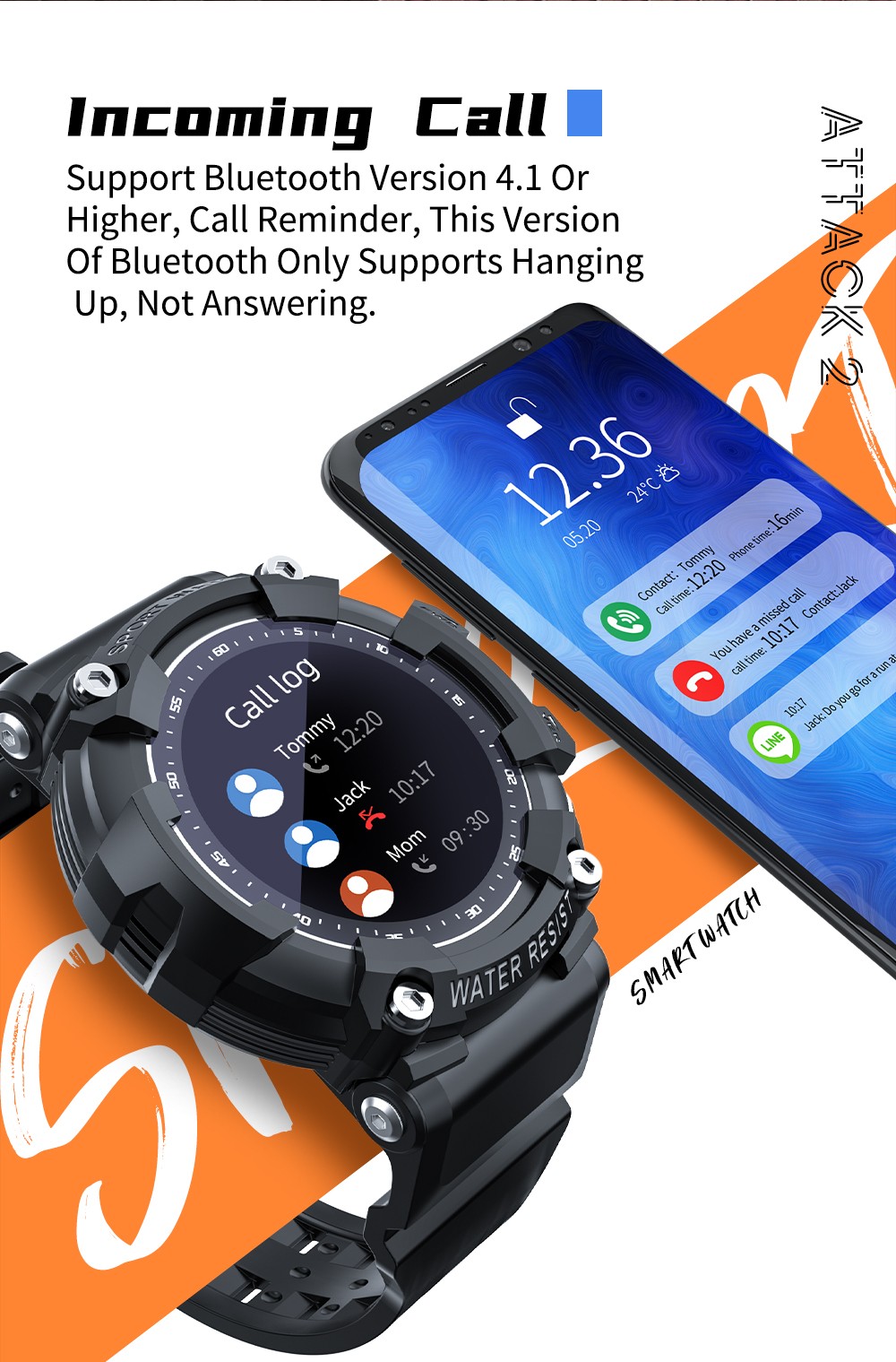 LOKMAT ATTACK 2 Smartwatch 1.28'' TFT LCD Screen Bluetooth 5.1 IP68 Waterproof HR & BP Monitor, Fitness Tracker - Black