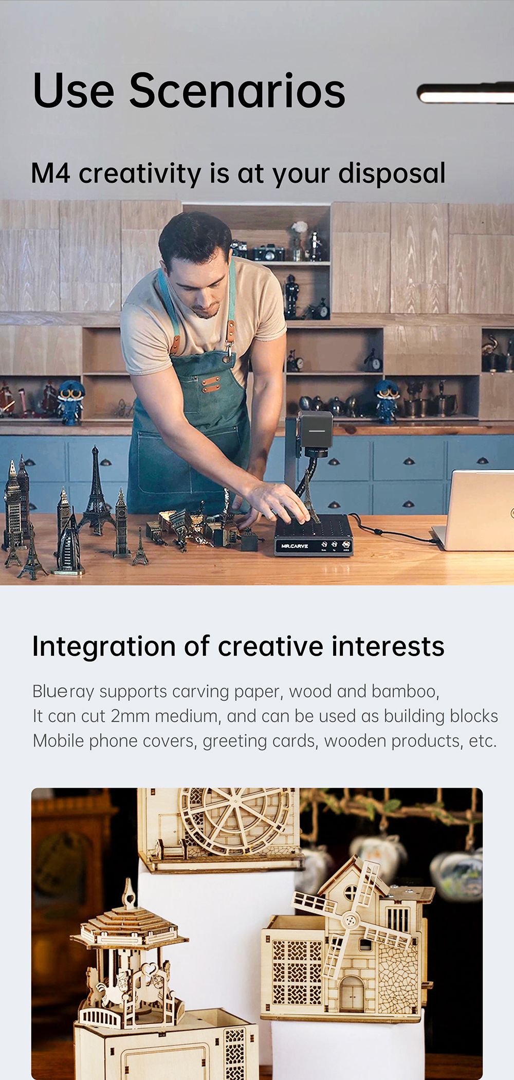 MR CARVE M4 Laser Engraver Cutter, 2W+5W Dual Laser, 0.001mm Accuracy, 10000mm/s Speed, 360 Degree Rotation Carving, Engraving All Materials, 70*70mm - AU Plug