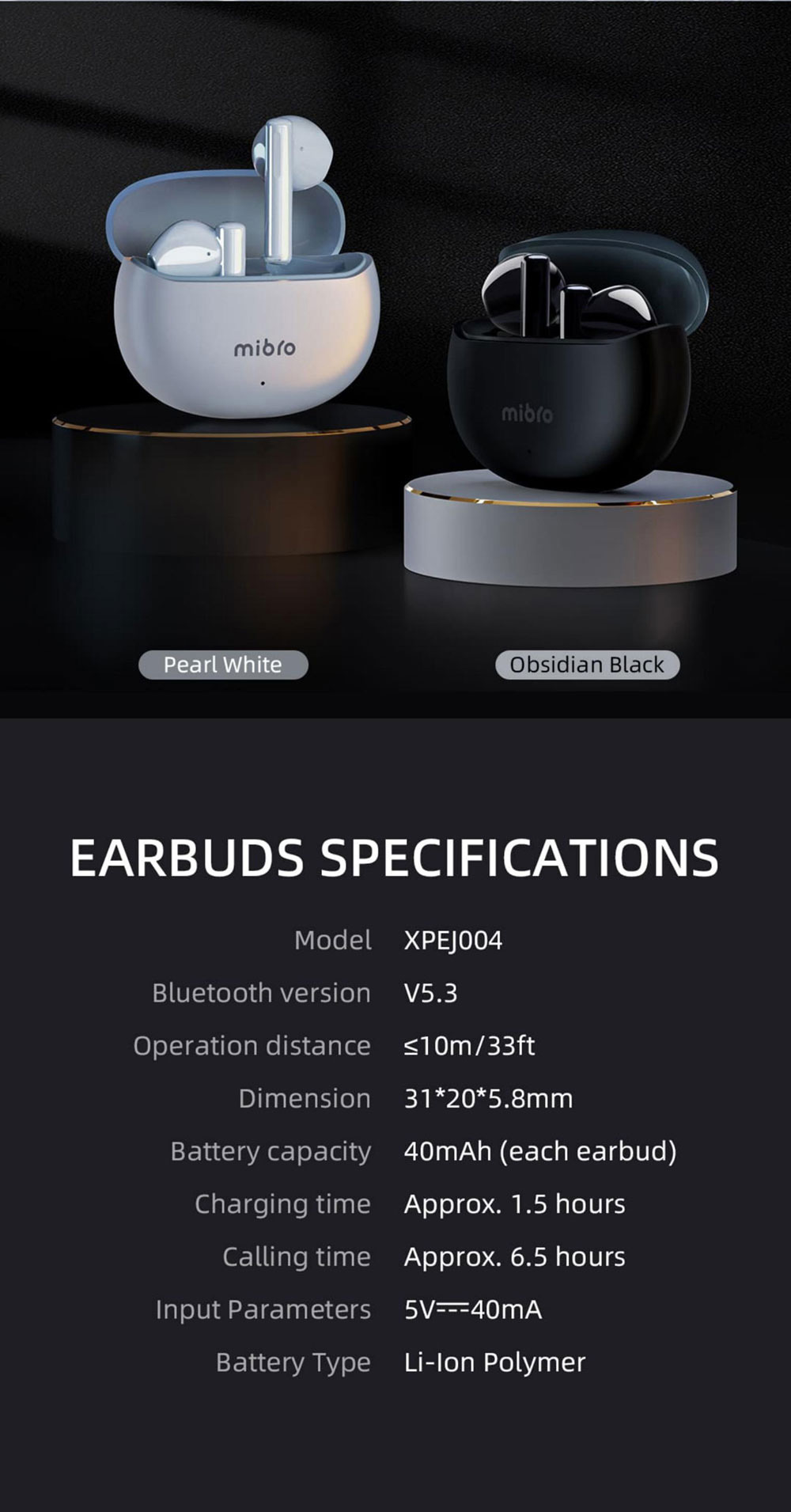 Mibro Earbuds 2 TWS True Wireless Stereo Earbuds, Bluetooth 5.3, AI Noise Cancellation - White