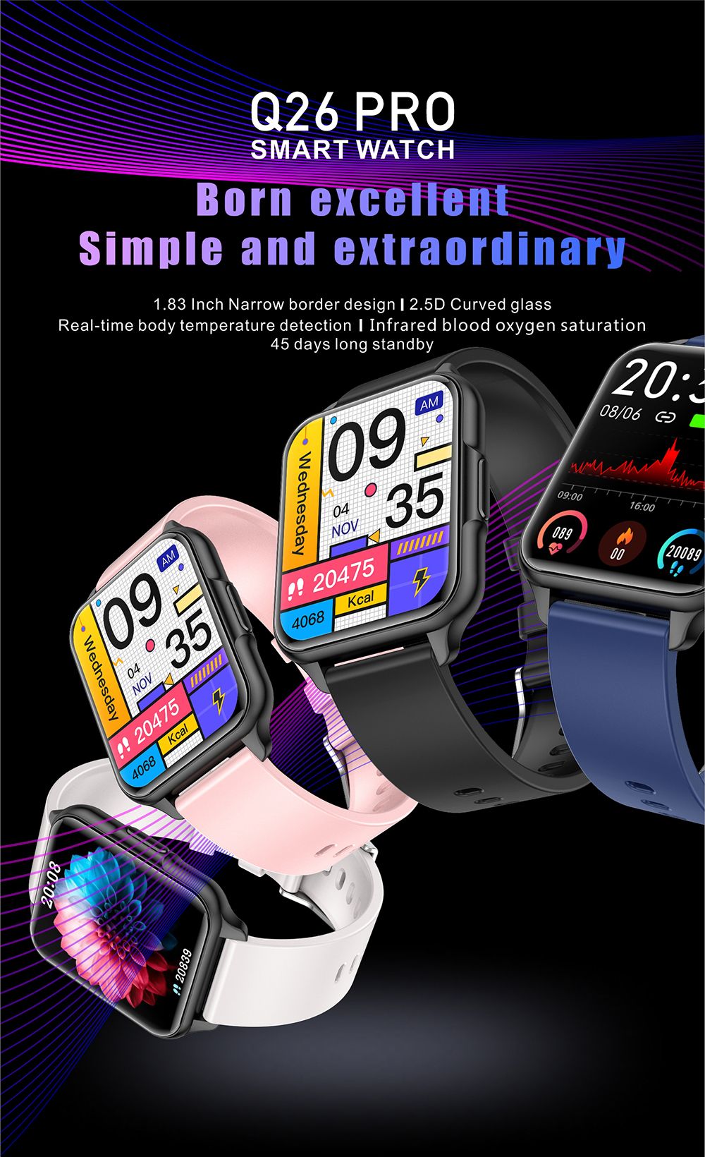 Q26 Pro Smartwatch 1.83'' TFT Screen BT5.0 Sports Bracelet 24 Sports Modes Health Monitor 200mAh Battery - Grey