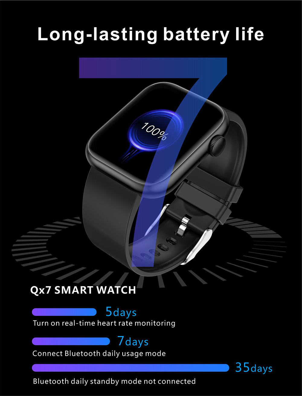 QX7 Smartwatch 1.85'' Large TFT Screen Bluetooth 5.2, Heart Rate Monitor, SpO2, Blood Pressure, 100+ Sports Modes - Black