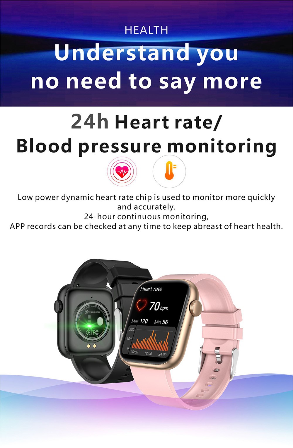 QX7 Smartwatch 1.85'' Large TFT Screen Bluetooth 5.2, Heart Rate Monitor, SpO2, Blood Pressure, 100+ Sports Modes - Pink