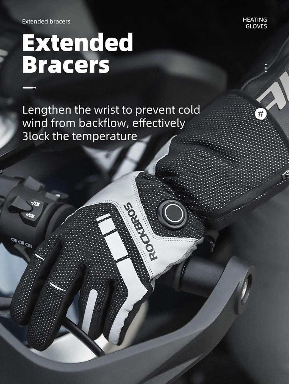 ROCKBROS Motorcycle Gloves Waterproof Heated Thermal Heated Gloves Touch Screen Battery Powered Cycling Skiing Gloves - L