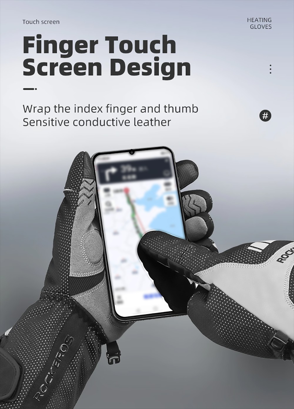 ROCKBROS Motorcycle Gloves Waterproof Heated Thermal Heated Gloves Touch Screen Battery Powered Cycling Skiing Gloves - L