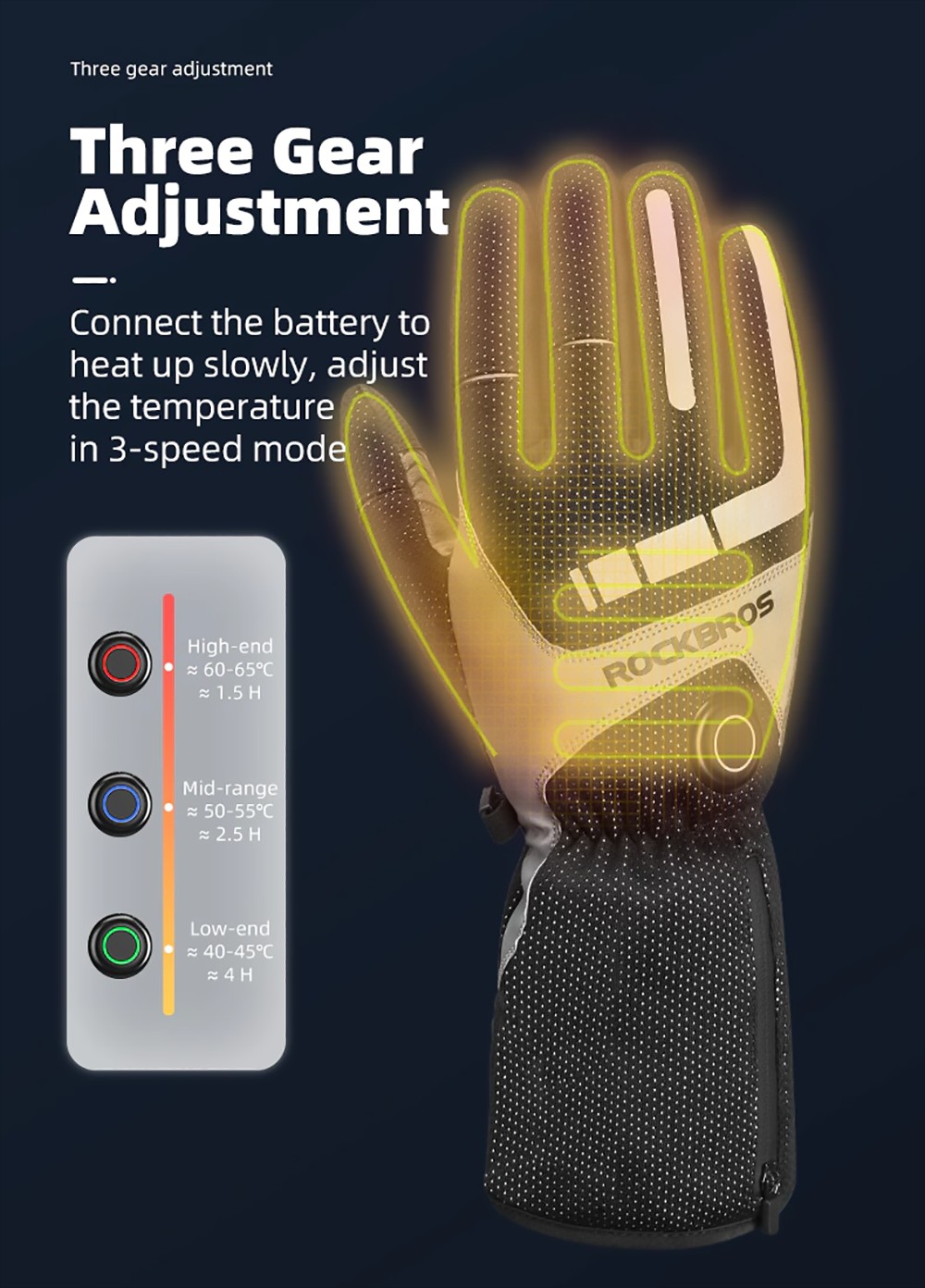 ROCKBROS Motorcycle Gloves Waterproof Heated Thermal Heated Gloves Touch Screen Battery Powered Cycling Skiing Gloves - L