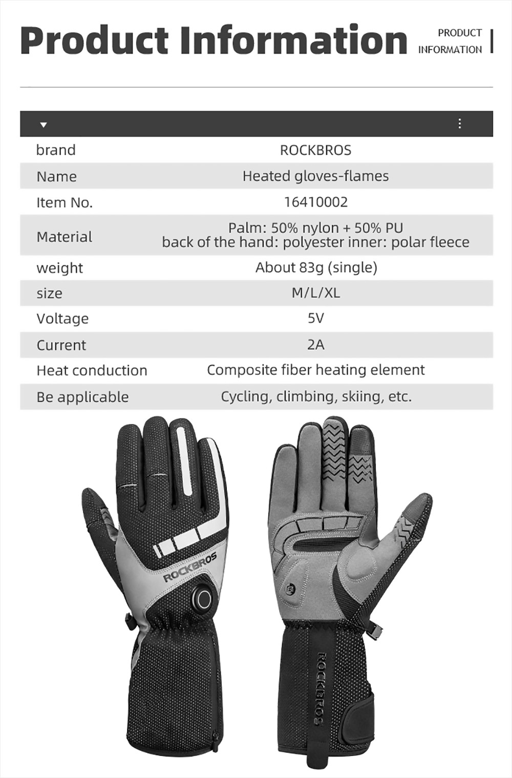 ROCKBROS Motorcycle Gloves Waterproof Heated Thermal Heated Gloves Touch Screen Battery Powered Cycling Skiing Gloves - XL
