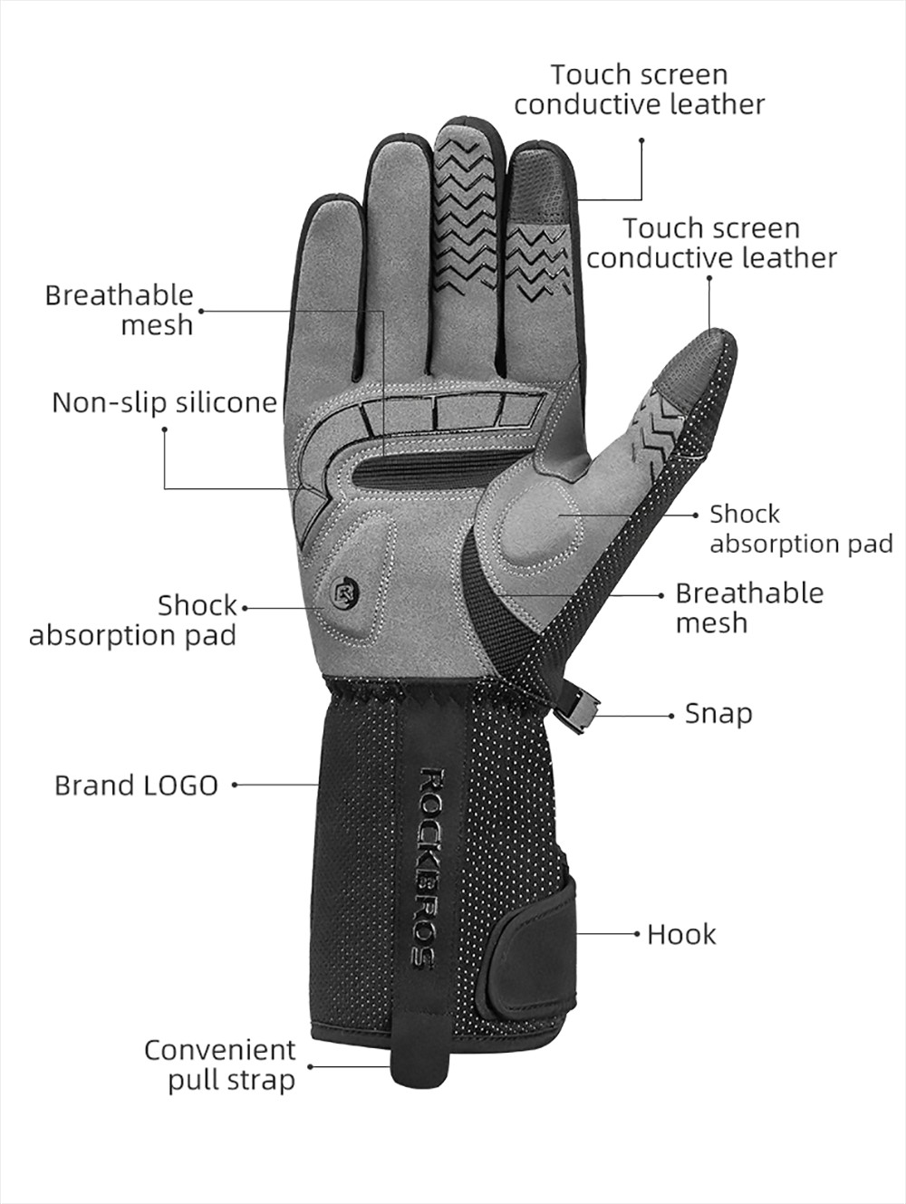 ROCKBROS Motorcycle Gloves Waterproof Heated Thermal Heated Gloves Touch Screen Battery Powered Cycling Skiing Gloves - XL