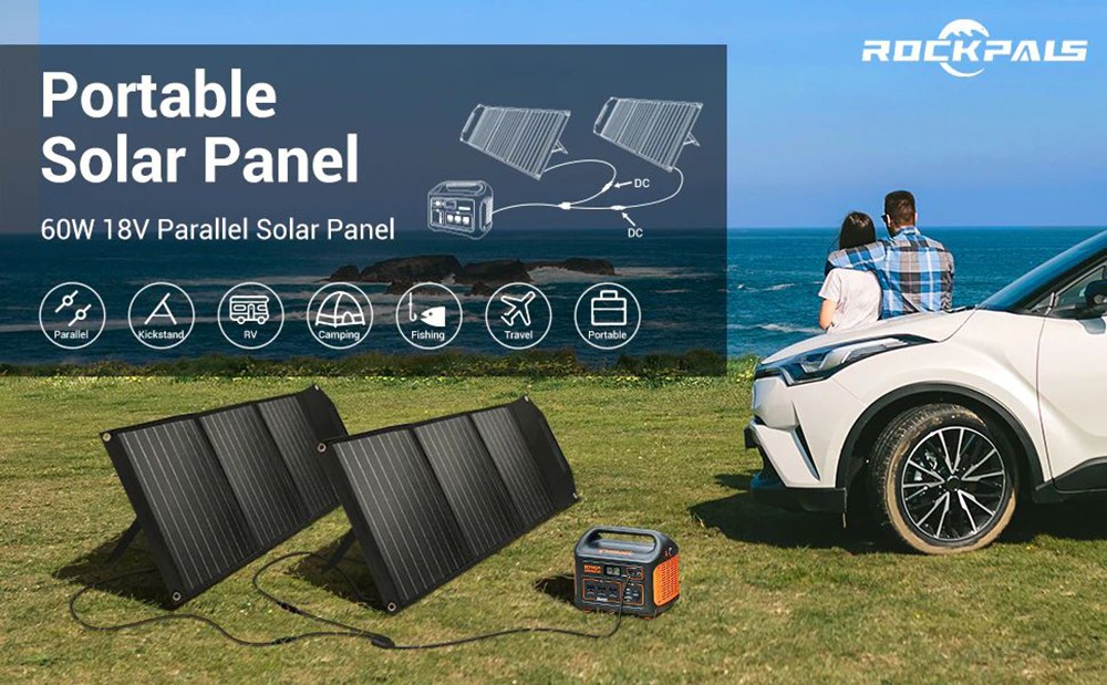 ROCKPALS RP081 60W Portable Foldable Solar Panel with Kickstand, 23% High Efficiency, IP65 Waterproof