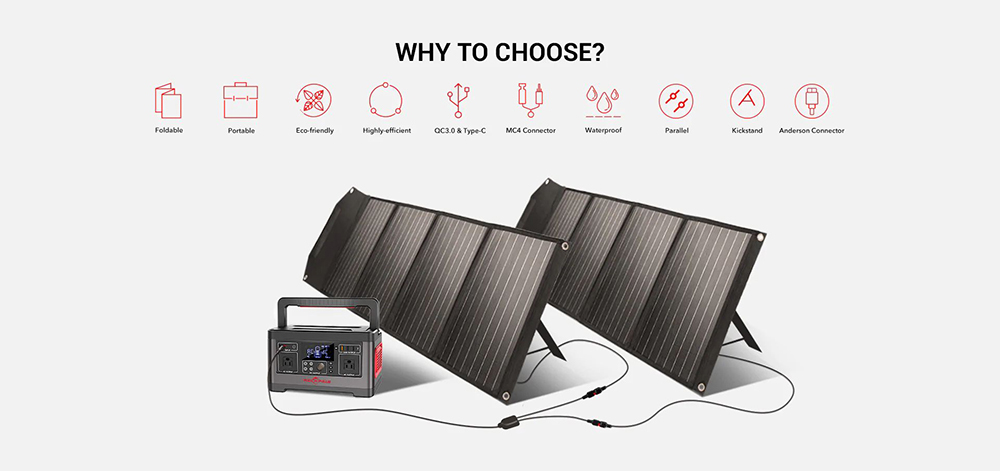 ROCKPALS RP100 100W Portable Foldable Solar Panel with Kickstand, 23.5% Conversion Efficiency, IP65 Waterproof