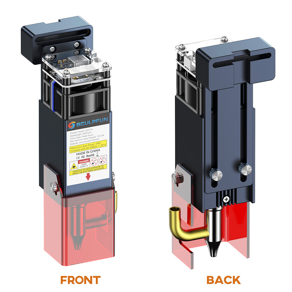 SCULPFUN S30 Pro 10W Laser Module Kit, Fixed Focus, Built-in Air Assist, Replaceable Lens, Clean Cutting