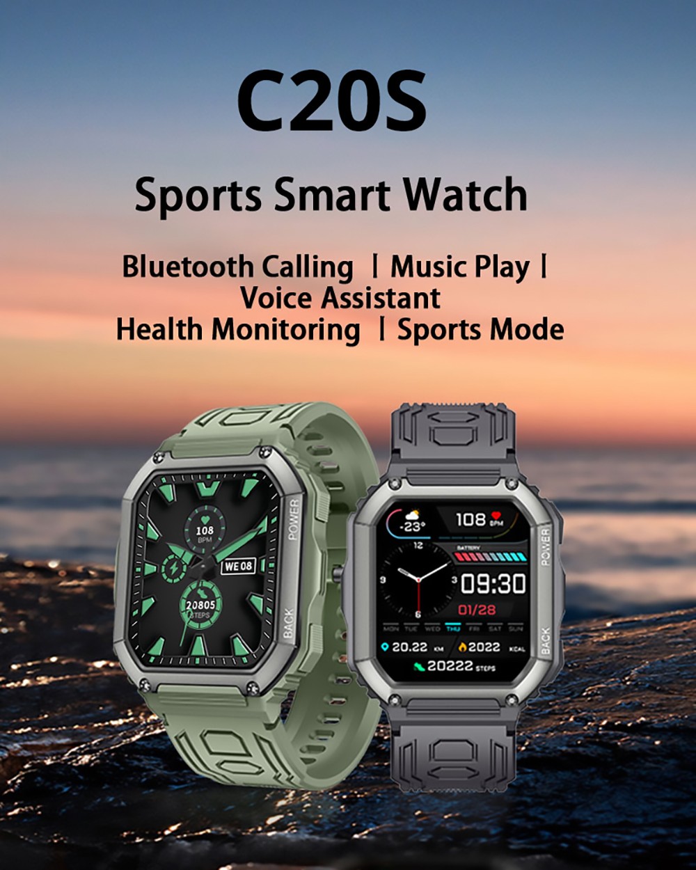 SENBONO C20S Smartwatch 1.8'' Screen BT5.0 GPS Voice Assistant Heart Rate, Blood Pressure, SpO2 Monitor - Green