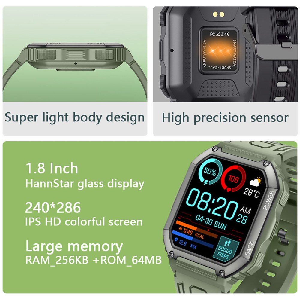 SENBONO C20S Smartwatch 1.8'' Screen BT5.0 GPS Voice Assistant Heart Rate, Blood Pressure, SpO2 Monitor - Green