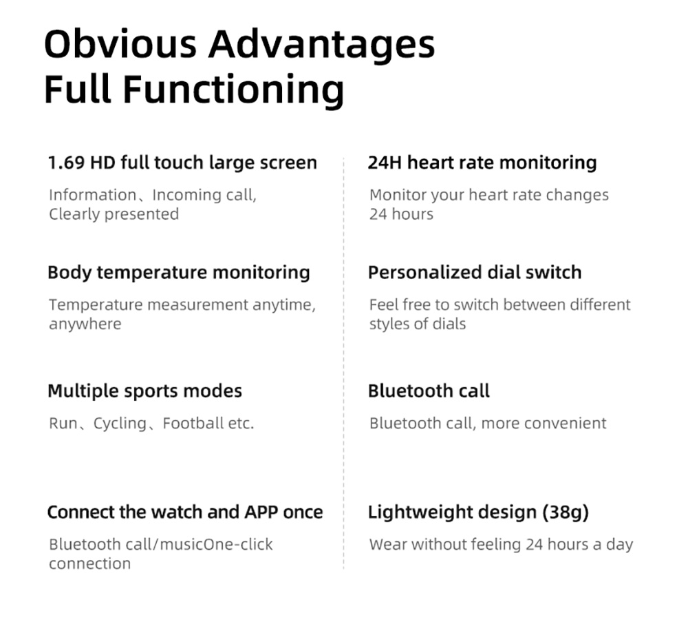 SENBONO G12Pro Smartwatch Body Temperature Version 1.69'' Full Touch Screen BT5.1 Heart Rate, Blood Oxygen - Black