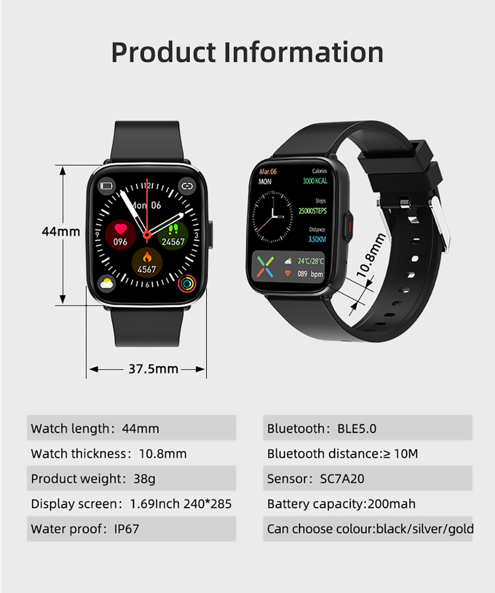 SENBONO G12Pro Smartwatch Body Temperature Version 1.69'' Full Touch Screen BT5.1 Heart Rate, Blood Oxygen - Black