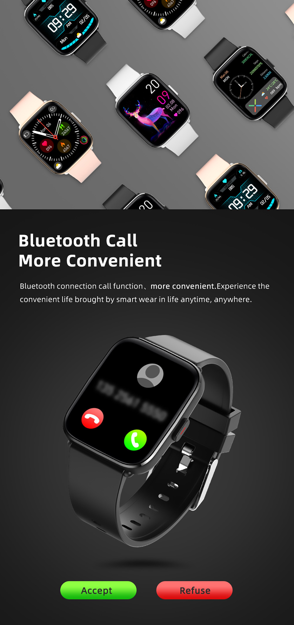 SENBONO G12Pro Smartwatch Body Temperature Version 1.69'' Full Touch Screen BT5.1 Heart Rate, Blood Oxygen - Black