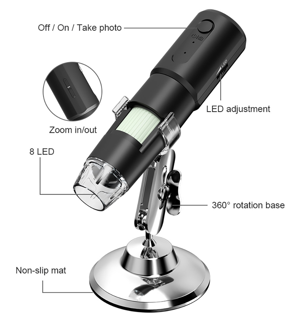 SUNUO 314 Smart WiFi Microscope, 0.3MP Pixel, 360 Degree Rotation Base, 1000X Zoom, 8 LED Lights