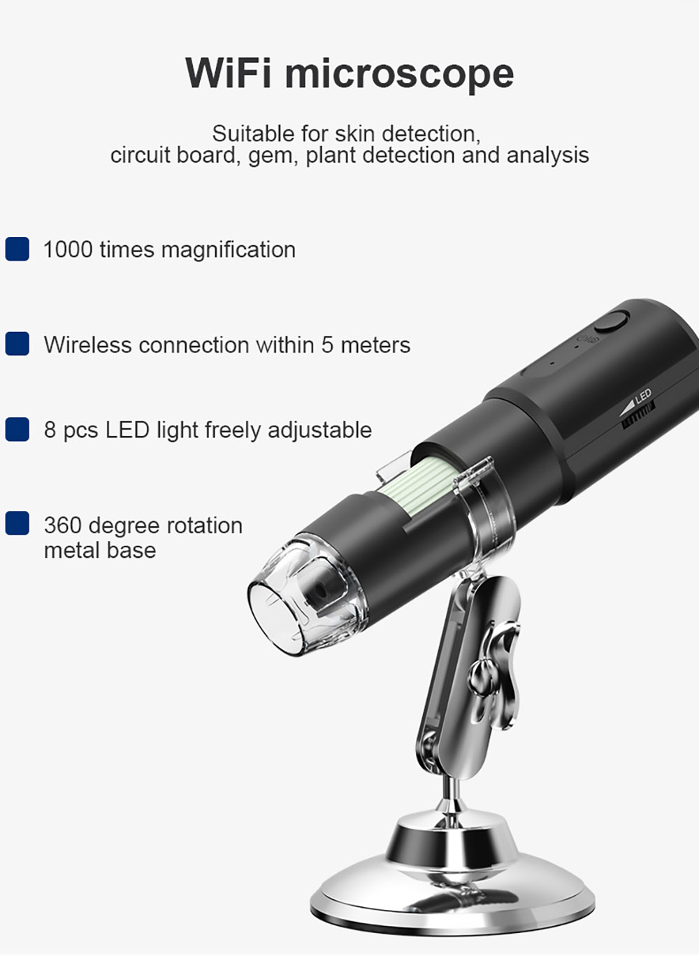 SUNUO 314 Smart WiFi Microscope, 0.3MP Pixel, 360 Degree Rotation Base, 1000X Zoom, 8 LED Lights