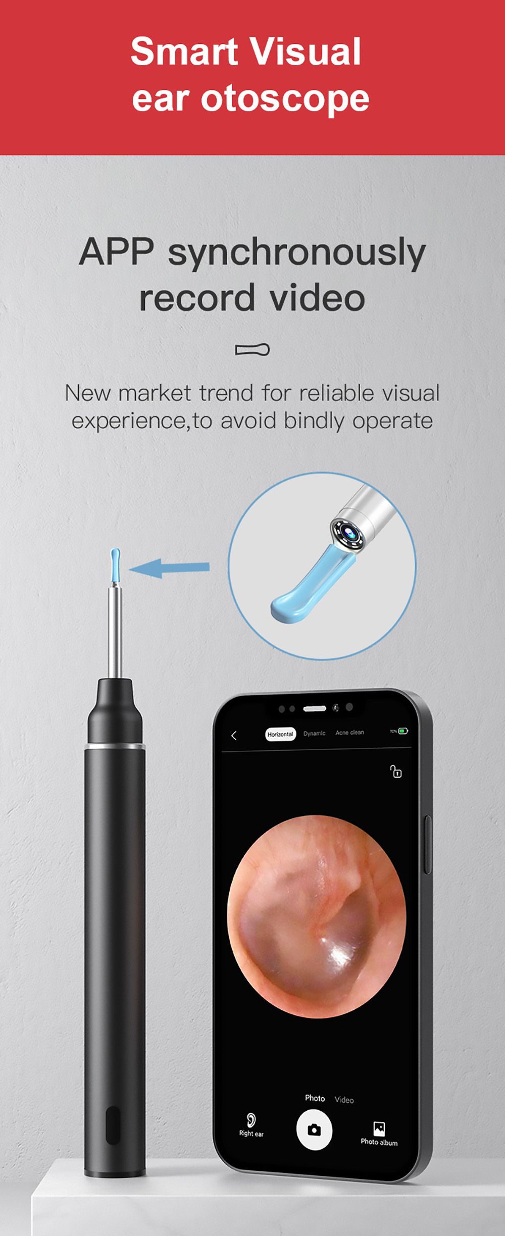 SUNUO P40-B Intelligent Visual Metal Ear Cleaner Otoscope, 5MP HD Camera, 6-Axis Gyroscope, Silicone Ear Spoon - Black