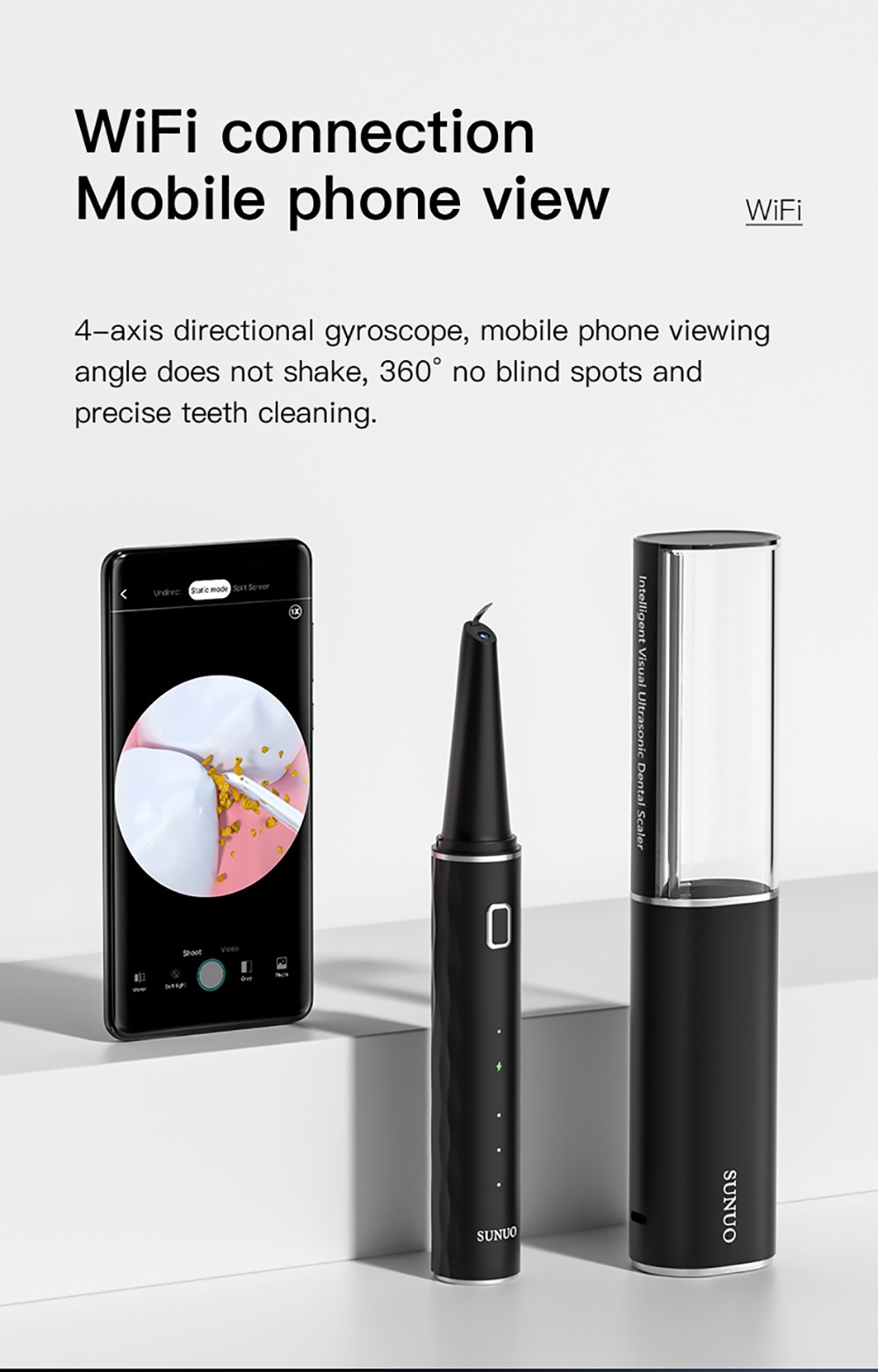 SUNUO T12 PLUS Smart Visual Ultrasonic Dental Scaler with UV Sterilization, 5MP HD Endoscopic Camera, 120 Min Runtime, App Connection,  IPX7 Waterproof - Black