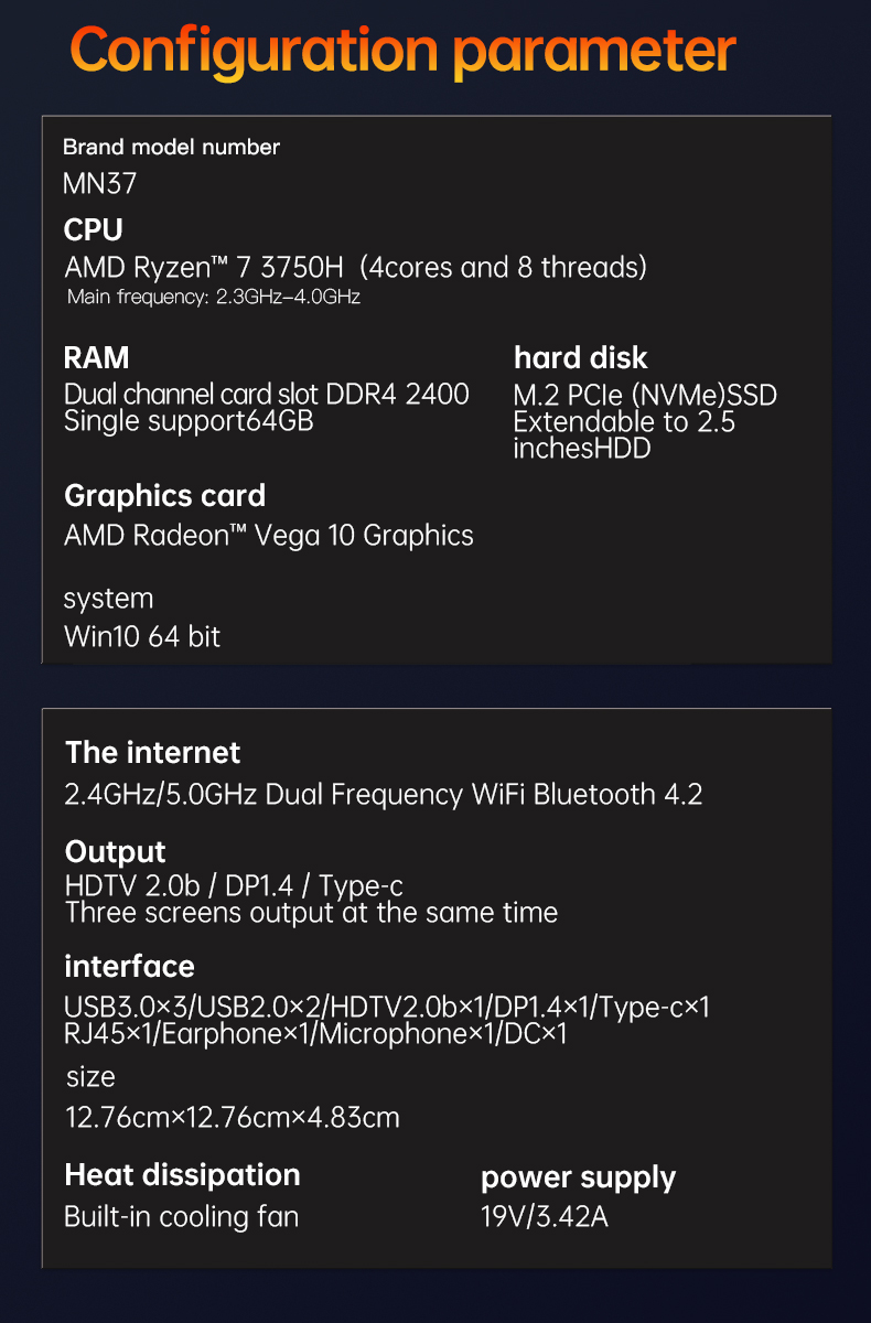 T-bao MN37 AMD R7 3750H 4 cœurs 8 fils, Windows 10 Mini PC 8 Go de RAM DDR4 256 Go de ROM prend en charge l'affichage HD, 5 ports USB