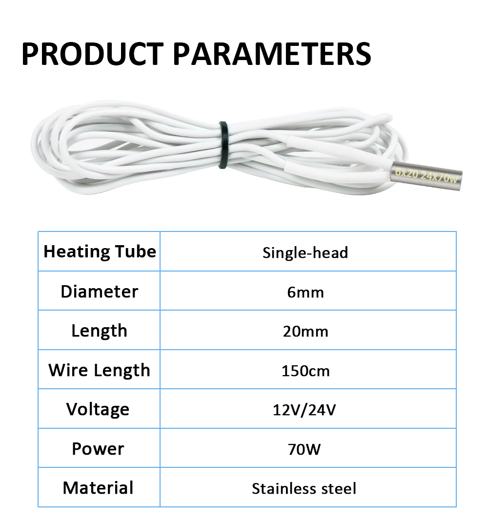 TWO TREES Heating Cable 12V 70W Heating Pipe Temperature Sens T-D500 for 3D Printer Volcano E3D V6