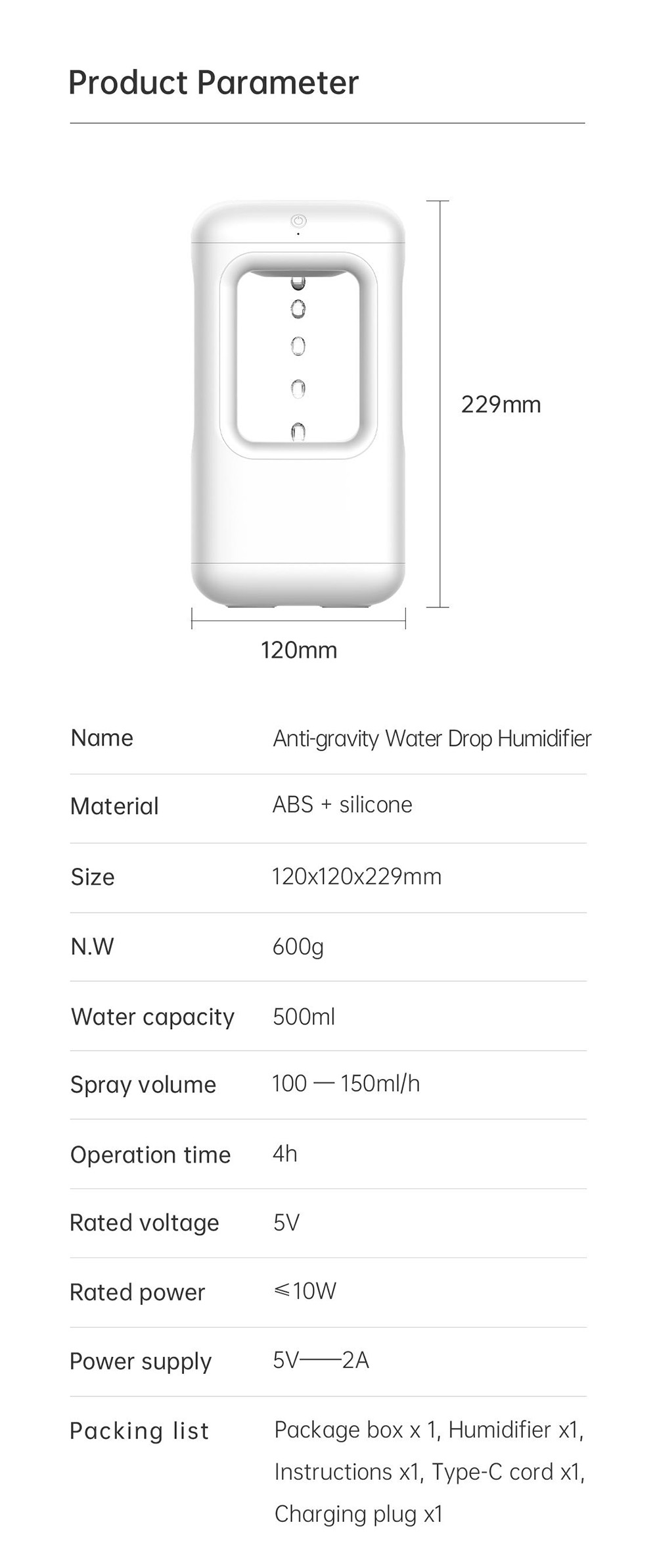 Winben Anti Gravity Levitating Water Drop Humidifier, 500ml Water Tank, Dual Humidification Mode, Smart Anti-Drying - EU Plug