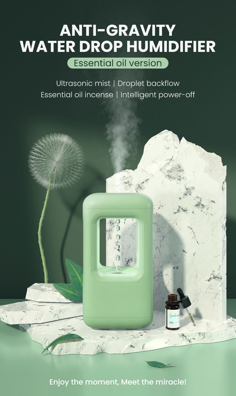 Winben Anti Gravity Levitating Water Drop Humidifier, Essential Oil Incense, 600ml Water Tank, Dual Humidification Mode, EU Plug - Green