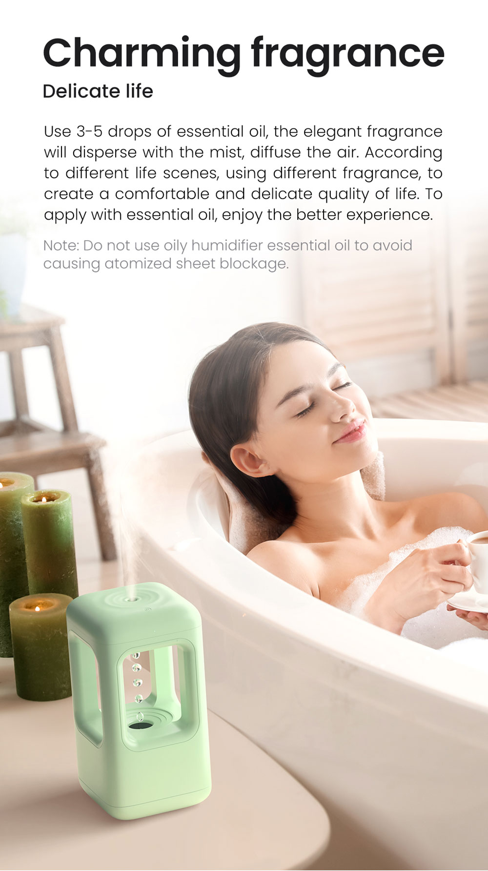 Winben Anti Gravity Levitating Water Drop Humidifier, Essential Oil Incense, 600ml Water Tank, Dual Humidification Mode, EU Plug - Green