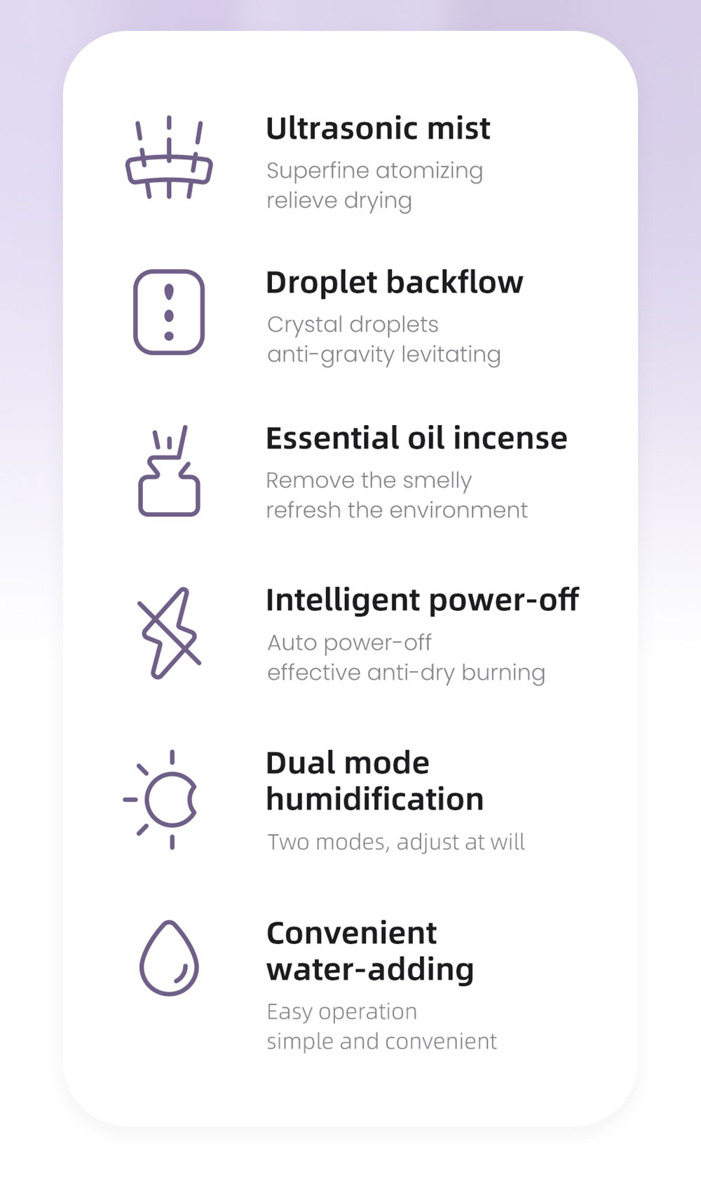 Winben Anti Gravity Levitating Water Drop Humidifier, Essential Oil Incense, 600ml Water Tank, Dual Humidification Mode, EU Plug - Purple